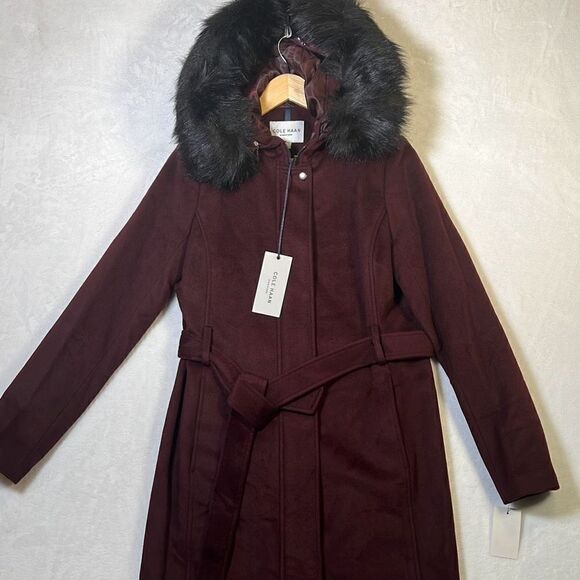 Cole Haan Women's Hooded Coat Slick Wool with Detatchable Faux Fur Trim- Women 4 - Picture 1 of 9